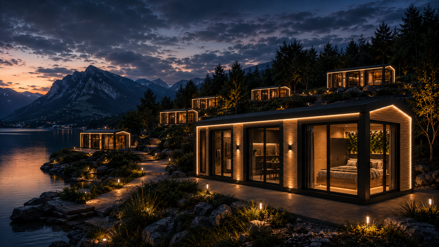 YOUCUBE Premium Resort — Modularer Ferienpark an einem Bergsee bei Abenddämmerung