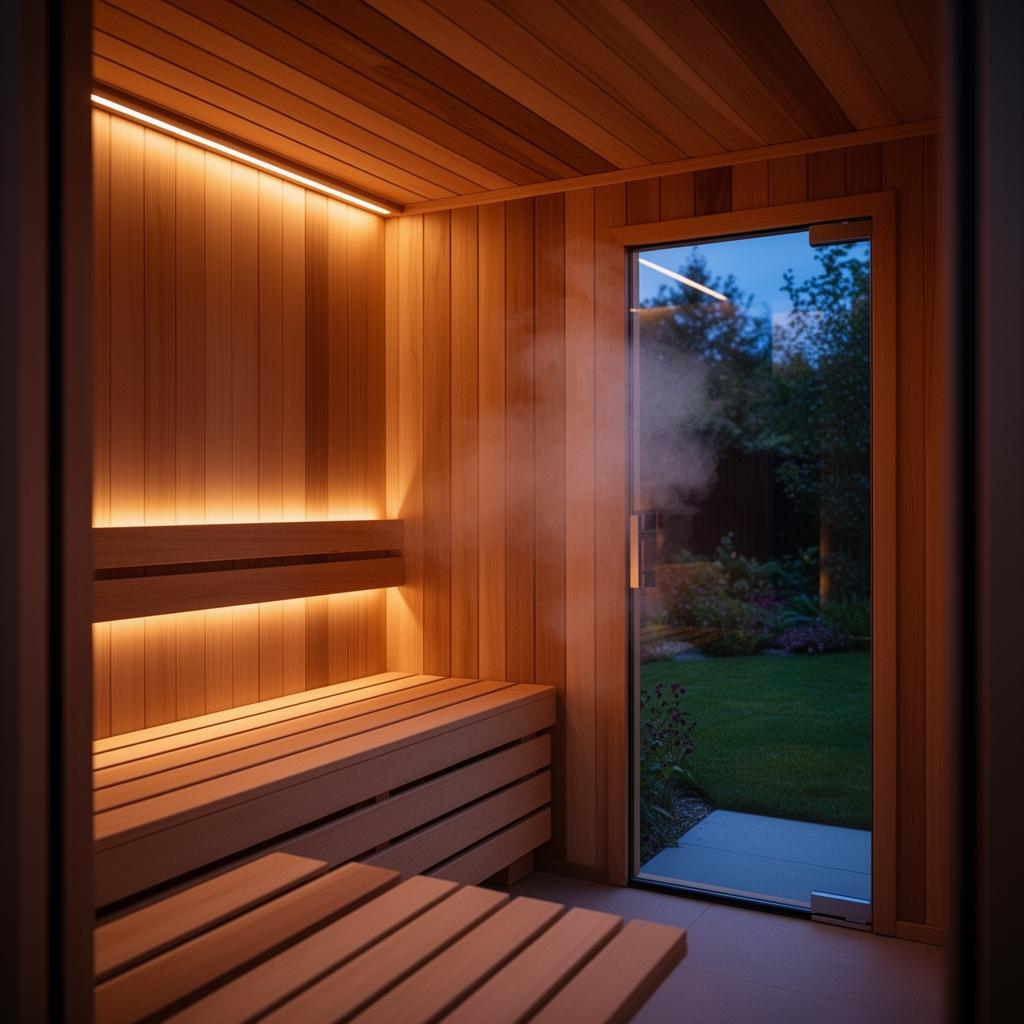 Sauna-Innenraum mit warmem Thermoholz